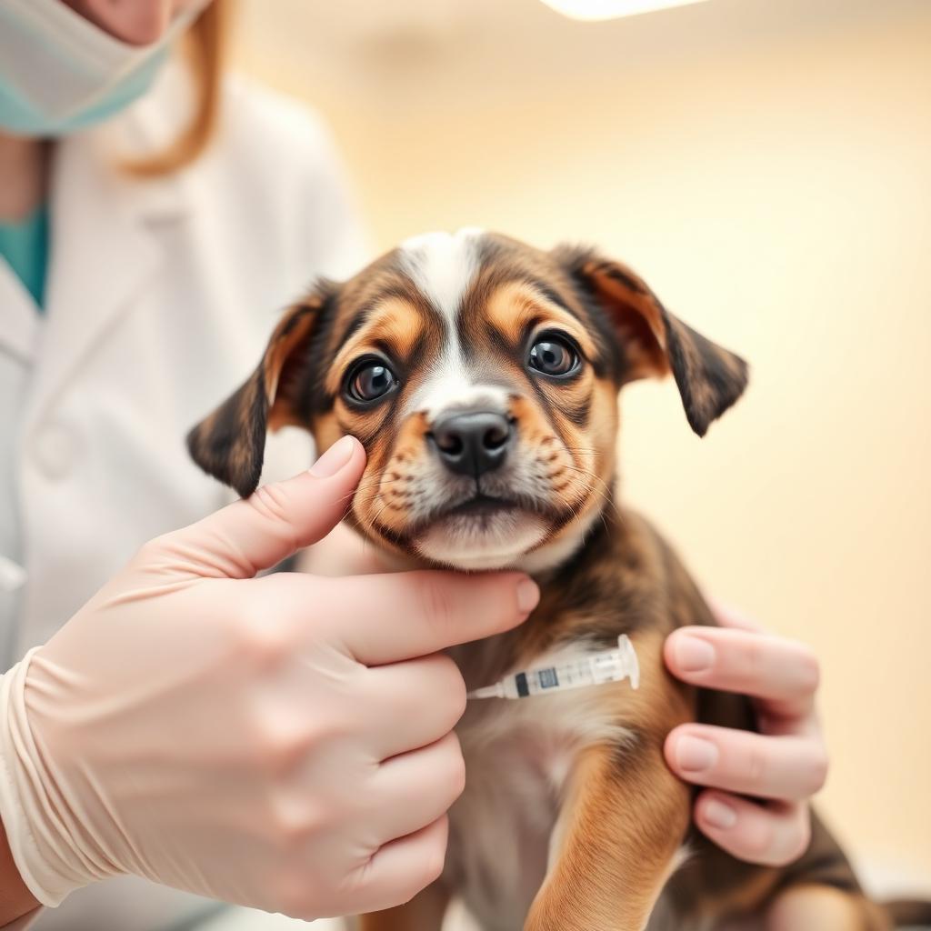 Filhote de cachorro recebendo vacina em consulta veterinária de rotina